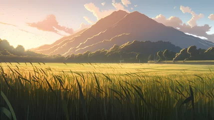 Foto op Canvas 朝日が昇る初夏の田んぼ   Rice fields in early summer with the morning sun rising　Generative AI © Lumin5e616f1