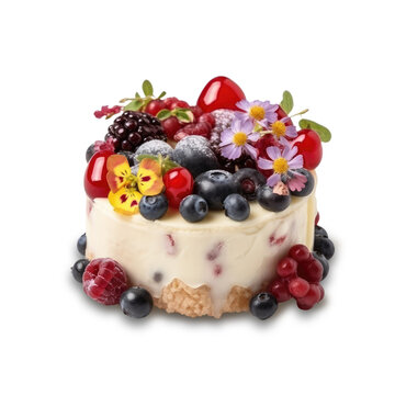 Festive cake with berries and flowers on white