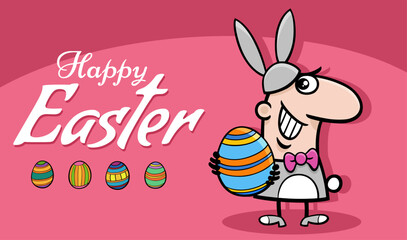 Obraz na płótnie Canvas cartoon man in Easter Bunny costume greeting card