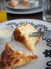 Close-up of a piece of sponge cake with cream