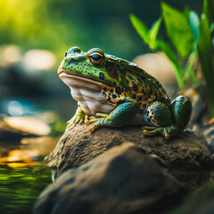 Fototapeta premium Green frog siting on rock