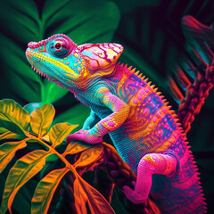Close up Colored chameleon, with pink tone, isolated in its natural habitat, on top of the plant - AI Generative