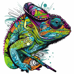 Obraz na płótnie Canvas Illustration Colored chameleon, predominantly green, with white background, isolated - AI Generative