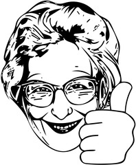 Friendly grandmother showing thumbs up as outline vector.