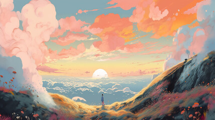 Sunset in the mountains with a sea of clouds, Generative AI