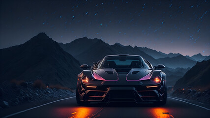 Wallpaper. Young driver. Speed. Beautiful scenery. Mountains. Fog. Sunset. Backlightning. Fireflies. National park. Cinematic. Ultrarealistic. Futuristic sports car neonlight. Cabriole (Generative AI)
