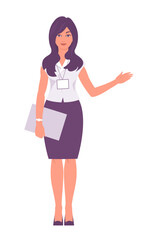 Fototapeta premium Young beautiful woman consultant talks and gesticulates. A welcoming smile on your face. Makes a speech. Business girl. Flat vector illustration isolated on white background