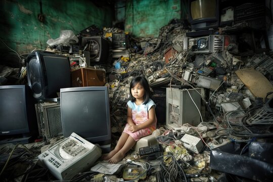 Child Labor in E-Waste Industry. Portrait of a girl sitting in the middle of electronic waste.