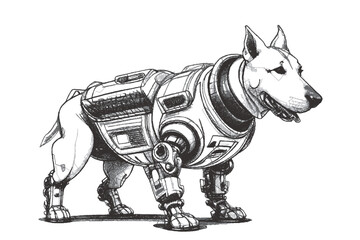 Biomechanical Bull Terrier cyborg. Doodle sketch. Vector illustration.