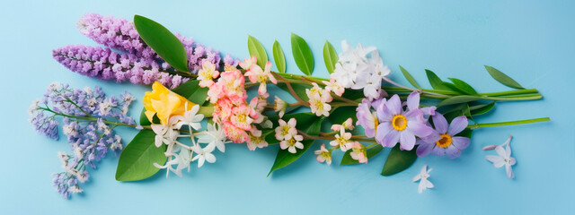 Bouquet of beautiful spring flowers on a pastel blue table background. Postcard for International Women's Day. Generative AI,