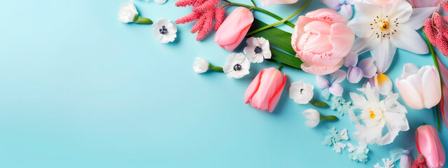 Fototapeta na wymiar Bouquet of beautiful spring flowers on a pastel blue table background. Postcard for International Women's Day. Generative AI,