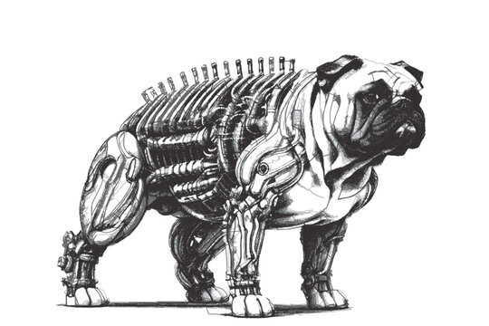 Biomechanical Bulldog cyborg. Doodle sketch. Vector illustration.