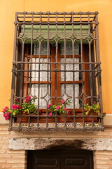 Fototapeta na wymiar Window with forged metal grill and potted plants