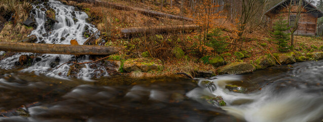 Karlova Studanka waterfall in Jeseniky mountains in spring morning