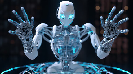robot with outstretched hands hold web network hologram generative ai