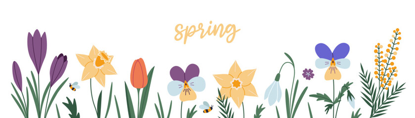 Set of various spring flowers, floral border, cartoon style. Trendy modern vector illustration isolated on white background, hand drawn, flat