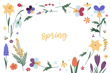 Horizontal frame with various spring flowers and space for text. Floral background, cartoon style. Trendy modern vector illustration isolated on white, hand drawn, flat