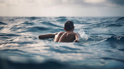 man in the water swims in the open ocean sea generative ai