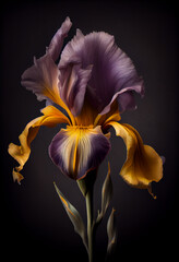 Iris flowers on dark background close up view. Generative Ai