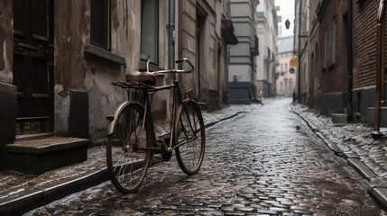 Fototapeta na wymiar A vintage bicycle on a cobbled street Generative AI