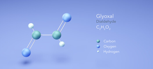 glyoxal molecule, molecular structures, dialdehyde, 3d model, Structural Chemical Formula and Atoms with Color Coding