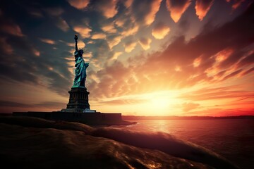 Silhouette of the statue of liberty in front of a beautiful sunset. 4th of July Memorial or Independence day background. Generative AI