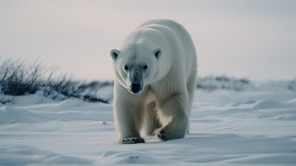 Obraz na płótnie Canvas A polar bear walking in a snow field Generative AI