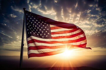 American Flag waving in front of a beautiful sunset sky. 4th of July Memorial or Independence day background. Generative AI