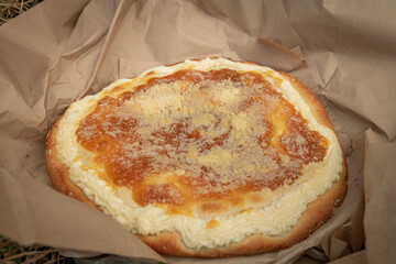 Typical apricot moravia cake in old brown paper on meadow