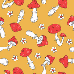 Mushroom seamless pattern. Amanita Muscaria (fly agaric) texture design for textile, wrapping paper. Magic wonderful mushroom backdrop. Vector illustration,  isolated  background.