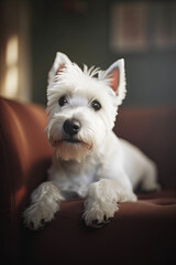 portrait of a white westhighland terrier on a sofa