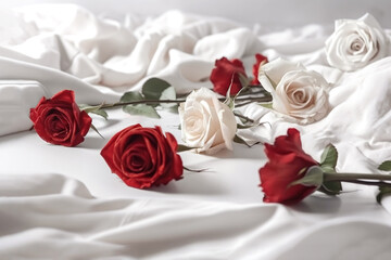 Red and white roses on white sheets with copy space. Closeup of beautiful flowers. Festive backdrop with space for text. Birthday, Valentines day, international females day concept