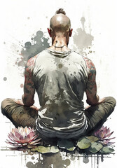 Man meditating in sitting pose illustration from behind with lotus flower esoteric yogi practice watercolor digital art generative ai