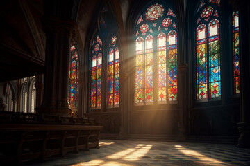 Obraz premium empty church being illuminated by the sun's rays passing through the colorful stained glass windows, Generative AI