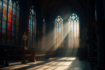 empty church being illuminated by the sun's rays passing through the colorful stained glass windows, Generative AI