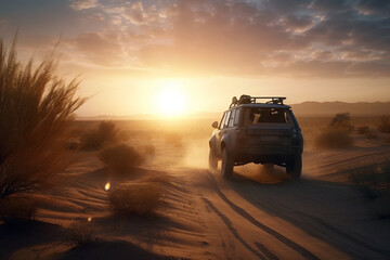 off-road pickup truck, 4x4, on a sandy road in the middle of a desert, Generative AI