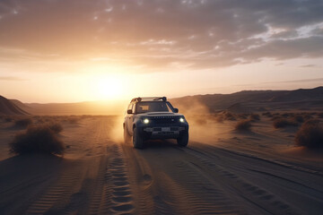 Fototapeta na wymiar off-road pickup truck, 4x4, on a sandy road in the middle of a desert, Generative AI
