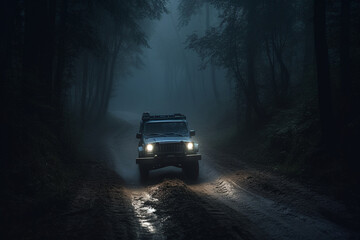 off-road pickup truck, 4x4, on a dirt road in the middle of a spooky forest, Generative AI