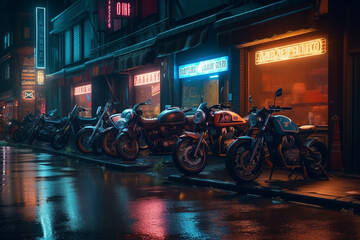 motorcycles parked in front of a bar, with neon light on the facade, Generative AI