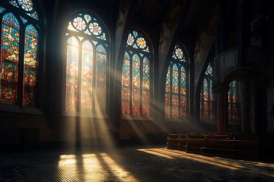 empty church being illuminated by the sun's rays passing through the colorful stained glass windows, Generative AI