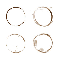 Vector coffee stain set isolated on white background. Cup ring splashes and circle drink marks. Brown dirty mug stains. Coffee grunge texture