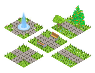 Set of garden isometric tiles. Isolated isometric tiles for park or garden landscape design. Cartoon or game asset with grass, trees, flowers, paved paths, benches, garden fountain. Vector