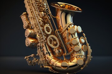 The golden saxophone is depicted on a dark background. AI generation.