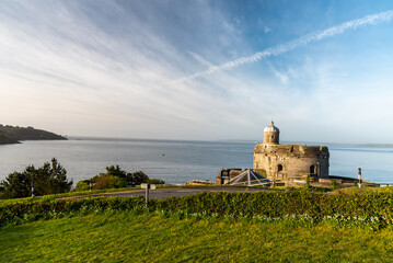 Panoramic view of Watch tower under a blue skyline  in Cornwall UK
