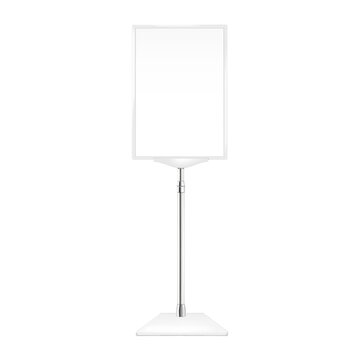 Poster Sign Stand Realistic Vector Mockup. Floor Standing White Display With Base Mock-up. Adjustable Pedestal With Blank Board. Template For Design