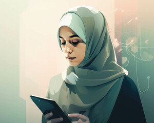 A portrait of a hijabwearing Muslim woman connected to technology and the Quran.. AI generation. - obrazy, fototapety, plakaty
