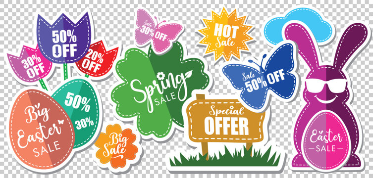 Big Easter SALE stickers wih shadows - Offers collection with Spring elements, Flowers, Bunny, Eggs price tag special offer 50% 30% OFF