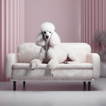 Portrait of a white king poodle on a couch