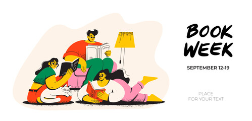 People read books. Men and women talk and discuss literature. Learning a foreign language