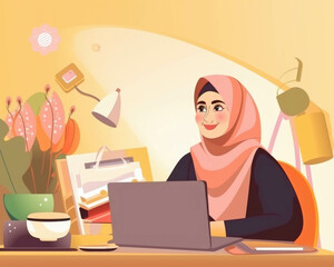 A Muslim woman in hijab managing her work and family life with a smile.. AI generation.